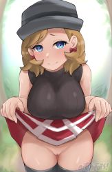 Rule 34 | 1girl, absurdres, artist name, artsheops, black hat, black shirt, black thighhighs, blonde hair, blue eyes, blush, breasts, cleft of venus, closed mouth, clothes lift, creatures (company), earrings, eyelashes, female focus, game freak, gluteal fold, groin, hat, heart, heart in eye, highres, jewelry, large breasts, legs together, lifting own clothes, looking at viewer, nintendo, no panties, outdoors, plaid, plaid skirt, pleated skirt, pokemon, pokemon (anime), pokemon journeys, pokemon swsh105, porkpie hat, pussy, red skirt, serena (pokemon), shirt, skirt, skirt lift, sleeveless, sleeveless shirt, smile, solo, symbol in eye, thighhighs