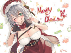 Rule 34 | 1girl, belt, black gloves, breasts, chocho (homelessfox), christmas, fingerless gloves, gloves, green eyes, grey hair, hat, heart, heart hands, hololive, large breasts, looking at viewer, mole, mole on breast, one eye closed, plaid, plaid headwear, plaid ribbon, red scarf, ribbon, santa costume, santa hat, scarf, shirogane noel, smile, solo, virtual youtuber