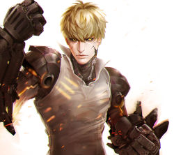 Rule 34 | 1boy, black sclera, blonde hair, clenched hands, collared shirt, colored sclera, cyborg, earrings, embers, foreshortening, genos, jewelry, male focus, mechanical arms, mistermagnolia, one-punch man, shirt, solo, upper body, yellow eyes
