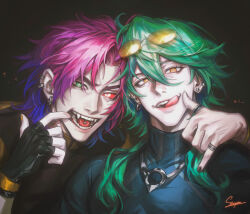 Rule 34 | 2boys, absurdres, black gloves, black nails, black shirt, blue shirt, colored sclera, dark, ear piercing, eyewear on head, ezreal, fangs, fingerless gloves, gloves, green eyes, green hair, hair between eyes, hand on another&#039;s shoulder, hand to own mouth, head tilt, heartsteel ezreal, heartsteel kayn, heterochromia, highres, jewelry, kayn (league of legends), league of legends, licking lips, light smile, looking at viewer, male focus, medium hair, multiple boys, night, open mouth, orange eyes, parted bangs, piercing, portrait, purple hair, red sclera, ring, shirt, staryoruu, sunglasses, teeth, tongue, tongue out, tongue piercing, turtleneck, yellow nails