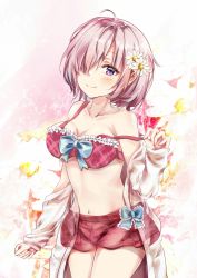 Rule 34 | 1girl, ahoge, alternate costume, bare shoulders, blue bow, blush, bow, bra, breasts, cleavage, closed mouth, collarbone, fate/grand order, fate (series), flower, hair flower, hair ornament, hair over one eye, hand up, highres, jacket, large breasts, lips, long sleeves, mash kyrielight, mutang, nabeshima tetsuhiro, off shoulder, pink hair, plaid, plaid bra, plaid skirt, purple eyes, red bra, red skirt, short hair, skirt, sleeves past wrists, smile, solo, strap slip, underwear, white flower, white jacket
