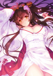 Rule 34 | 1girl, bad id, bad pixiv id, breasts, brown eyes, brown hair, carnelian, cherry blossoms, cleavage, flower, hair flower, hair ornament, japanese clothes, kantai collection, kanzashi, kimono, large breasts, long hair, looking at viewer, lying, on back, parted lips, petals, ponytail, solo, yamato (kancolle)