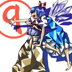 Rule 34 | circled 9, 1boy, 1girl, barefoot, blue eyes, blue hair, bow, capcom, cirno, clever, crossover, discharge cycle, hair bow, hetero, m.u.g.e.n, phantasmagoria of flower view, pun, q (street fighter), short hair, street fighter, street fighter iii (series), tobi (discharge cycle), touhou, wings