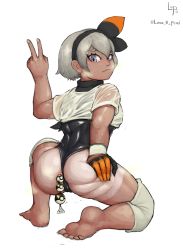 Rule 34 | 1girl, anal, anal beads, anal object insertion, ass, bea (pokemon), blush, breasts, closed mouth, creatures (company), dark skin, game freak, grey eyes, grey hair, gym leader, hair ornament, hair tie, hairband, highres, looking back, luna o pond, matching hair/eyes, nintendo, object insertion, pokemon, pokemon swsh, sex toy, shiny skin, short hair, simple background, small breasts, tan, tanline, uncensored