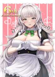 Rule 34 | 1girl, absurdres, alternate costume, anniversary, apron, azur lane, black shirt, black skirt, blunt bangs, blush, bow, bowtie, braid, breasts, buran (22x), cleavage, commentary request, cowboy shot, detached collar, enmaided, gloves, green bow, green bowtie, grey eyes, grey hair, hair intakes, heart, heart hands, highres, large breasts, long hair, looking at viewer, maid, maid apron, maid headdress, open mouth, partial commentary, puffy short sleeves, puffy sleeves, shirt, short sleeves, sidelocks, skirt, solo, standing, twin braids, very long hair, vittorio veneto (azur lane), white apron, white gloves