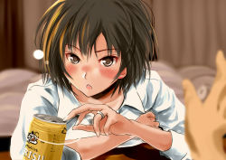 Rule 34 | 1girl, :o, aged up, alcohol, amagami, bed, beer, blush, brown eyes, brown hair, can, collarbone, collared shirt, curtains, drunk, indoors, jewelry, looking at viewer, md5 mismatch, murasaki iro, nanasaki ai, open mouth, out of frame, pov, ring, shirt, short hair, solo focus, upper body, wedding band, wedding ring, white shirt, wing collar, yebisu