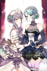 Rule 34 | 2girls, aqua rose, bang dream!, blue flower, blue gloves, blue rose, bracelet, braid, cross-laced clothes, curtains, dress, earrings, elbow gloves, floral print, flower, french braid, frilled gloves, frills, gloves, grey hair, hair bun, hair flower, hair ornament, hair up, hairband, hikawa sayo, holding hands, interlocked fingers, jewelry, lace, minato yukina, multiple girls, necklace, nennen, pearl bracelet, pearl necklace, pendant, print curtains, purple ribbon, ribbon, rose, sash, see-through, see-through sleeves, short sleeves, sidelocks, single hair bun, sleeveless, transparent sleeves, white flower, white gloves, white rose, window, yellow flower, yellow rose, yuri