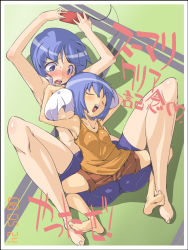 Rule 34 | 2girls, armpits, barefoot, between breasts, blue eyes, blue hair, blush, grabbing another&#039;s breast, breast pillow, breast rest, breasts, camisole, chris (mario), covered erect nipples, closed eyes, feet, flat chest, grabbing, highres, huge breasts, multiple girls, original, short hair, shorts, sleeping, sweat, sweatdrop
