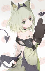 Rule 34 | 1girl, aged down, animal ears, animal hands, arknights, bare back, bat (animal), cat ears, cat girl, demon horns, demon tail, fake horns, from behind, gloves, green eyes, green hair, green jacket, hand up, highres, horns, jacket, kal&#039;tsit (arknights), long sleeves, looking at viewer, looking back, low wings, material growth, off-shoulder jacket, off shoulder, oripathy lesion (arknights), paw gloves, pumpkin background, short hair, simple background, solo, tail, unitedunti, wings