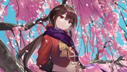 Rule 34 | 1girl, bow, branch, brown hair, cherry blossoms, closed mouth, commentary request, cup, danganronpa (series), danganronpa v3: killing harmony, day, disposable cup, drinking straw, hair between eyes, hair ornament, hairclip, harukawa maki, highres, holding, long hair, long sleeves, looking at viewer, mole, mole under eye, outdoors, parted lips, petals, purple scarf, qianhai, red eyes, red shirt, scarf, shirt, solo, teeth, tree, upper body, very long hair