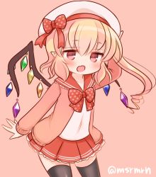 Rule 34 | 1girl, alternate costume, bad id, bad pixiv id, black thighhighs, blonde hair, bow, cardigan, fang, flandre scarlet, hat, hat bow, jacket, long sleeves, mashiro miru, open cardigan, open clothes, open jacket, open mouth, pointy ears, red eyes, school uniform, serafuku, shirt, side ponytail, simple background, skirt, smile, solo, thighhighs, touhou, twitter username, wings, zettai ryouiki