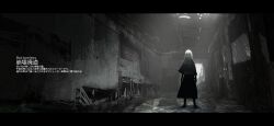 Rule 34 | 1other, asteroid ill, bad id, bad pixiv id, black robe, character request, copyright request, green circle, green eyes, highres, indoors, overgrown, post-apocalypse, robe, ruins, sunlight, translation request, very wide shot, white hair