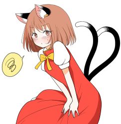 Rule 34 | 1girl, :/, animal ear fluff, animal ears, blush, breasts, brown eyes, brown hair, cat ears, cat tail, chen, dress, earrings, embarrassed, highres, jewelry, leaning forward, medium breasts, multiple tails, nekomata, no headwear, no headwear, red dress, shiisuu rattamu, short hair, simple background, single earring, solo, spoken squiggle, squiggle, tail, touhou, two tails, v arms, white background