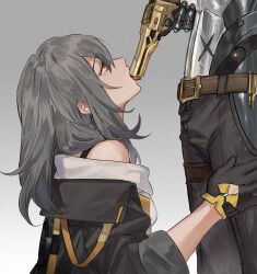 Rule 34 | 1boy, 1girl, belt, black gloves, black jacket, black pants, boothill (honkai: star rail), commentary, from side, gloves, grey background, grey hair, gun, gun in mouth, hair between eyes, handgun, hashtag-only commentary, hetero, highres, holding, holding gun, holding weapon, honkai: star rail, honkai (series), jacket, meat7955, orange eyes, pants, profile, revolver, sexually suggestive, simple background, solo focus, stelle (honkai: star rail), tongue, tongue out, trailblazer (honkai: star rail), weapon