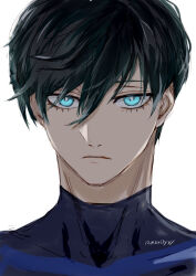 Rule 34 | 1boy, aqua eyes, blue lock, closed mouth, commentary request, green hair, hair between eyes, itoshi rin, looking at viewer, male focus, nori20170709, portrait, short hair, simple background, solo, sportswear, turtleneck, twitter username, white background
