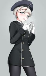 Rule 34 | 1girl, absurdres, armedshipyard, black pantyhose, blue eyes, blush, breasts, gloves, grey background, hat, highres, kantai collection, military, military uniform, open mouth, pantyhose, short hair, simple background, small breasts, smile, uniform, white hair, z1 leberecht maass (kancolle)