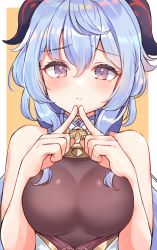 Rule 34 | 1girl, bare arms, bare shoulders, bell, blue hair, blush, breasts, closed mouth, fidgeting, ganyu (genshin impact), genshin impact, horns, long hair, looking at viewer, medium breasts, orange background, paid reward available, purple eyes, shiitake taishi, sleeveless, solo, two-tone background, upper body