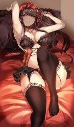Rule 34 | 1girl, absurdres, agetama, black hair, black panties, black thighhighs, breasts, clock eyes, commentary request, commission, date a live, garter belt, gothic lolita, hairband, heterochromia, highres, knee up, large breasts, lingerie, lolita fashion, lolita hairband, looking at viewer, lying, nail polish, no shoes, on back, on bed, panties, pillow, red eyes, smile, solo, symbol-shaped pupils, thighhighs, tokisaki kurumi, twintails, underwear, uneven twintails, yellow eyes