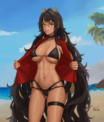 Rule 34 | 1girl, absurdres, beach, bikini, black bikini, black choker, black hair, blonde hair, blue eyes, blue sky, breasts, chinese commentary, choker, cloud, commentary request, cowboy shot, day, dehya (genshin impact), genshin impact, gluteal fold, grin, hair between eyes, highres, jacket, large breasts, long hair, looking at viewer, multicolored hair, navel, open clothes, open jacket, pale laomo, partial commentary, pink lips, pointy hair, red jacket, sky, smile, solo, standing, stomach, streaked hair, swimsuit, thigh strap, thighs, very long hair