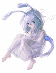 Rule 34 | 1girl, antennae, barefoot, buttons, commentary request, expressionless, full body, highres, hood, hood up, long hair, looking at viewer, original, orniflop, purple eyes, raincoat, see-through, simple background, solo, tail, watermark, white background, white hair