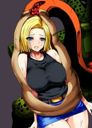 Rule 34 | 1girl, android 18, bare shoulders, belt, blonde hair, blue eyes, blush, breasts, cell (dragon ball), dragon ball, dragonball z, ishimiso (ishimura), large breasts, md5 mismatch, microskirt, monster, panties, pantyshot, pencil skirt, semi-perfect cell, short hair, skirt, solo focus, standing, sweat, sweatdrop, tail, tail vore, tank top, underwear, upskirt, vore, x-ray