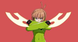 Rule 34 | 1girl, aqua eyes, axe, battle axe, bodysuit, brown hair, closed mouth, covered navel, crossed arms, dual wielding, energy axe, feather hair, gloves, glowing, glowing weapon, green bodysuit, green gloves, hands up, headphones, highres, holding, konami kirie, light brown hair, naenokyuuri (truchmobis), power suit, red background, short hair, simple background, smile, solo, straight-on, upper body, weapon, world trigger