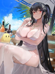 Rule 34 | 1girl, absurdres, alcohol, azur lane, beach umbrella, black hair, breasts, center opening, cocktail dress, dress, evening gown, garter straps, hair between eyes, hair ornament, hair strand, highres, huge breasts, jewelry, long hair, manjuu (azur lane), necklace, official alternate costume, outdoors, plunging neckline, red eyes, ring, satin dress, sitting, sleeveless, sleeveless dress, solo, taihou (azur lane), taihou (temptation on the sea breeze) (azur lane), thighhighs, umbrella, very long hair, wedding dress, wedding ring, white dress, white garter straps, white thighhighs, yoyo (8feiotnhpa0ttoy)