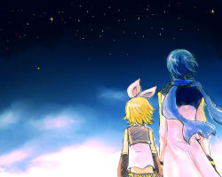 Rule 34 | 1boy, 1girl, ataru (7noise), bad id, bad pixiv id, blonde hair, blue hair, blue scarf, holding hands, height difference, hetero, kagamine rin, kaito (vocaloid), scarf, sky, star (sky), starry sky, vocaloid, wind