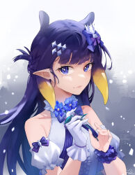 Rule 34 | 1girl, absurdres, alternate costume, bare shoulders, blue bow, blue eyes, blue hair, bow, closed mouth, commentary, detached sleeves, dress, english commentary, flower, gloves, hair bow, highres, holding, holding flower, hololive, hololive english, long hair, looking at viewer, lucferz, ninomae ina&#039;nis, pointy ears, scrunchie, single glove, solo, tentacle hair, upper body, virtual youtuber, white dress, white gloves, wrist scrunchie