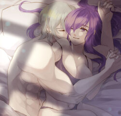 Rule 34 | 1boy, 1girl, abs, alternate costume, alternate hairstyle, bra, breasts, byleth (fire emblem), byleth (male) (fire emblem), cleavage, closed eyes, closed mouth, collarbone, commentary, commission, couple, cuddling, english commentary, enlightened byleth (male), fire emblem, fire emblem: three houses, fire emblem warriors: three hopes, green hair, grey bra, grey pants, hetero, highres, holding hands, large breasts, long hair, looking at another, lying, muscular, muscular male, navel, nintendo, on bed, one eye closed, panties, pants, purple eyes, purple hair, shez (female) (fire emblem), shez (fire emblem), short hair, smile, stomach, topless male, tsang fei, underwear, very long hair