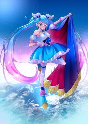 Rule 34 | 1girl, absurdres, ahoge, blue eyes, blue hair, blue skirt, brooch, cape, commentary, cure sky, detached sleeves, earrings, english commentary, fingerless gloves, full body, gloves, gradient hair, highres, hirogaru sky! precure, holding, holding cape, holding clothes, jewelry, magical girl, mitsuki tayura, multicolored hair, pink eyes, precure, puffy detached sleeves, puffy sleeves, single sidelock, skirt, smile, solo, sora harewataru, thighhighs, two-sided cape, two-sided fabric, white gloves, white thighhighs, wing brooch, wing hair ornament