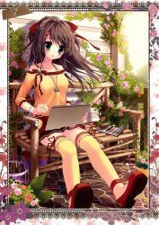 Rule 34 | 1girl, absurdres, bench, blouse, blue eyes, blush, bow, brown hair, colored pencil, d:, dorsiflexion, flower, hair bow, halterneck, highres, jewelry, necklace, off shoulder, open mouth, pencil, plant, rose, shiramori yuse, shirt, shoes, sitting, sketchbook, skirt, solo, thighhighs, vines, yellow thighhighs