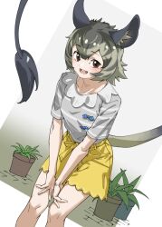 Rule 34 | 1girl, :d, animal ear fluff, animal ears, bare arms, bare legs, black hair, brown eyes, commentary, degu (kemono friends), dutch angle, grey shirt, hair between eyes, highres, kemono friends, leaning forward, long tail, looking at viewer, multicolored hair, open mouth, plant, potted plant, shirt, short hair, short sleeves, shorts, smile, solo, striped clothes, striped shirt, tail, tanabe (fueisei), teeth, two-tone hair, upper teeth only, v arms, yellow shorts