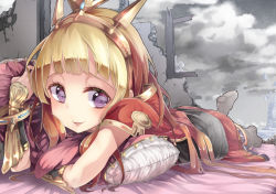 Rule 34 | 10s, 1girl, bad id, bad pixiv id, black thighhighs, blonde hair, blunt bangs, blush, bracelet, cagliostro (granblue fantasy), cape, cloud, cloudy sky, crown, granblue fantasy, hairband, jewelry, long hair, looking at viewer, looking away, looking to the side, lying, on stomach, open mouth, parted lips, perspective, pillow, purple eyes, red skirt, ruins, saraki, skirt, sky, smile, solo, spikes, thighhighs, vambraces
