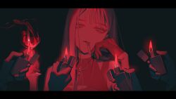 Rule 34 | 1girl, black background, cigarette, cup, expressionless, gloves, hand up, highres, holding, holding cup, lighter, long hair, monochrome, mouth hold, original, red fire, red theme, smoking, yomiya sateko
