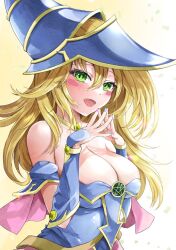 1girl bare_shoulders blonde_hair blush blush_stickers breasts choker cleavage dark_magician_girl duel_monster green_eyes hair_between_eyes hat large_breasts long_hair looking_at_viewer misakura_aoi open_mouth smile solo wizard_hat yu-gi-oh! yu-gi-oh!_duel_monsters