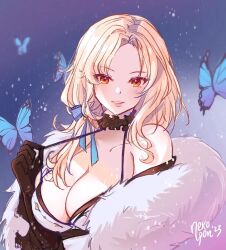 Rule 34 | 1girl, artist name, bare shoulders, black gloves, black kimono, blonde hair, blue ribbon, blush, breasts, brown eyes, bug, butterfly, cleavage, coat, collarbone, fur-trimmed coat, fur-trimmed kimono, fur trim, gloves, goddess of victory: nikke, hair ribbon, insect, japanese clothes, kimono, large breasts, long hair, looking at viewer, ludmilla (nikke), ludmilla (winter owner) (nikke), nekoponart, official alternate costume, orange eyes, parted bangs, parted lips, ribbon, smile, solo, two-tone kimono, upper body, white kimono
