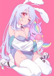 Rule 34 | 1girl, animal ears, bare shoulders, blush, breasts, cleavage, closed mouth, commission, detached collar, detached sleeves, fake animal ears, full body, grey hair, grey leotard, high heels, highleg, highleg leotard, highres, hugging object, large breasts, leotard, long hair, long sleeves, looking at viewer, moya (toatomoot), multicolored hair, one eye closed, original, pink background, playboy bunny, rabbit ears, rainbow hair, red eyes, simple background, sitting, skeb commission, solo, stuffed unicorn, thighhighs, wariza, white footwear, white sleeves, white thighhighs