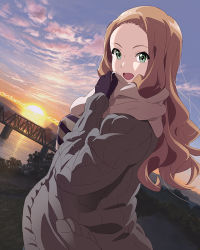 Rule 34 | 10s, 1girl, brown hair, cloud, dutch angle, gloves, green eyes, kikuma kaya, long hair, looking at viewer, new year, official art, open mouth, outdoors, scarf, solo, sun, sunrise, wake up girls!, wake up girls! stage no tenshi, winter clothes