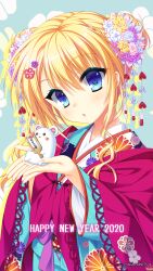 Rule 34 | 1girl, 2020, alternate costume, alternate hairstyle, animal, blonde hair, blue eyes, blue kimono, blush, blush stickers, cherry blossom print, chestnut mouth, chinese zodiac, company name, double bun, drop shadow, eyelashes, eyes visible through hair, floral print, flower, hair between eyes, hair bun, hair flower, hair ornament, hairclip, hands up, happy new year, highres, holding, holding animal, japanese clothes, kanzashi, kimono, kin-iro loveriche, kisaki reina, layered clothes, layered kimono, blue background, long hair, long sleeves, looking at viewer, mouse (animal), new year, official art, parted lips, pink flower, pink kimono, purple flower, sidelocks, simple background, solo, toranosuke, upper body, white flower, wide sleeves, year of the rat, yellow flower