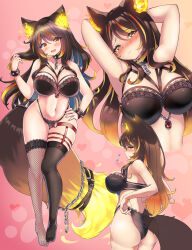 Rule 34 | 1girl, absurdres, animal ears, armpits, arms behind head, black bra, black panties, blush, bra, bracelet, breasts, broken, broken chain, brown hair, chain, cleavage, collar, commentary, commission, english commentary, fire, from behind, hand on own hip, head tilt, highres, indie virtual youtuber, jewelry, large breasts, long hair, looking at viewer, looking back, midriff, multicolored hair, multiple views, navel, onomiya, orange hair, panties, second-party source, sinder (vtuber), skeb commission, skindentation, spiked bracelet, spiked collar, spikes, streaked hair, tail, thigh strap, thighhighs, underwear, underwear only, virtual youtuber, wide hips, wolf ears, wolf tail