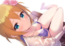 Rule 34 | 1girl, aqua eyes, baba konomi, barefoot, bench, bikini, blush, bracelet, breasts, brown hair, cleavage, commentary request, dated, expressionless, flower, from above, hair between eyes, hair flower, hair ornament, highres, idolmaster, idolmaster million live!, idolmaster million live! theater days, ima (lm ew), jewelry, legs, long hair, looking at viewer, looking up, medium breasts, necklace, purple bikini, see-through, see-through shirt, shirt, short sleeves, side ahoge, sidelocks, signature, sitting, solo, swimsuit, thighs, toes, white background, white shirt