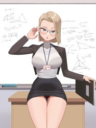 Rule 34 | 1girl, :o, absurdres, alternate costume, android 18, asymmetrical bangs, bespectacled, black skirt, blazer, blonde hair, blue eye, blue eyes, blush, bob cut, bra visible through clothes, breasts, classroom, covered collarbone, cowboy shot, cropped jacket, desk, dragon ball, dragonball z, equation, glasses, hand on own ear, head tilt, highres, id card, jacket, lace, lace panties, lanyard, large breasts, leaning on table, legs, long sleeves, looking at viewer, medium hair, miniskirt, monster l (hochihochiha), narrow waist, open clothes, open jacket, open mouth, panties, pantyshot, parted hair, pencil skirt, see-through, shirt, shirt tucked in, skirt, solo, teacher, thigh gap, tight clothes, tsurime, turtleneck, underwear, upskirt, white shirt, whiteboard, wide hips, writing