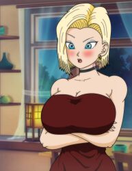 Rule 34 | 1girl, android 18, blonde hair, blue eyes, breasts, dragon ball, dragon ball super, highres, large breasts, mature female, medium hair, open mouth, sexually suggestive, short hair
