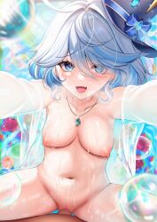 Rule 34 | 1boy, 1girl, :d, air bubble, blue hair, blue headwear, blurry, blurry background, breasts, bubble, censored, collarbone, commentary request, cowgirl position, fang, furina (genshin impact), genshin impact, grey hair, hair between eyes, hat, hetero, highres, jewelry, light blue hair, medium breasts, medium hair, multicolored hair, navel, necklace, nude, open mouth, outdoors, pov, see-through, sex, skin fang, smile, spread legs, straddling, terumi rumi, top hat, vaginal, wet