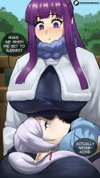 Rule 34 | 2girls, absurdres, blue dress, blue scarf, blunt bangs, blush, breasts, coat, commentary, dress, earrings, echo saber, elf, english commentary, english text, fern (sousou no frieren), frieren, green eyes, grey coat, highres, huge breasts, jewelry, long hair, lying on lap, multiple girls, outdoors, patreon username, pointy ears, purple eyes, purple hair, scarf, sidelocks, sousou no frieren, speech bubble, tree, twintails, white hair