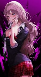 Rule 34 | 1girl, absurdres, alternate hairstyle, bad id, bad pixiv id, black shirt, blood, blue eyes, blush, bow, breasts, cleavage, collarbone, cowboy shot, danah, danganronpa: trigger happy havoc, danganronpa (series), enoshima junko, fingernails, from side, gradient background, grin, hand on own face, highres, large breasts, long hair, long sleeves, looking at viewer, medium breasts, miniskirt, nail polish, pink background, pink blood, pink nails, plaid, plaid skirt, pleated skirt, red bow, red nails, red skirt, school uniform, sharp fingernails, shiny clothes, shirt, skirt, smile, solo, sweatdrop