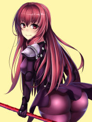 Rule 34 | 1girl, ass, blush, bodysuit, breasts, embarrassed, fate/grand order, fate (series), highres, huge ass, long hair, looking at viewer, looking back, nano (syoutamho), polearm, purple bodysuit, red hair, scathach (fate), scathach (fate), simple background, skirt, solo, very long hair, weapon, yellow background