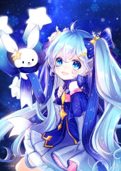 Rule 34 | 1girl, :d, ahoge, animal, bare shoulders, blue bow, blue dress, blue eyes, blue gloves, blue hair, blue ribbon, blue scarf, blush, bow, commentary request, constellation print, dress, fingerless gloves, gloves, hair between eyes, hair ornament, hatsune miku, holding, long hair, looking at viewer, looking to the side, maodouzi, open mouth, rabbit, ribbon, scarf, smile, snowflakes, star (sky), star (symbol), star hair ornament, striped bow, striped ribbon, twintails, very long hair, vocaloid, yuki miku, yukine (vocaloid)