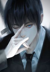 Rule 34 | 1boy, bad id, bad twitter id, black hair, black jacket, black necktie, black shirt, blue eyes, chainsaw man, closed mouth, collared shirt, covering own mouth, earrings, eyelashes, formal, fox shadow puppet, from side, hand over own mouth, hand up, hayakawa aki, highres, jacket, jasu mauve, jewelry, light particles, long sleeves, looking at viewer, male focus, necktie, one eye closed, portrait, profile, shirt, short hair, solo, stud earrings, suit, sword, weapon, weapon on back, white background, white shirt
